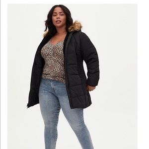 BLACK FAUX FUR TRIM HOODED PUFFER COAT Sz 6